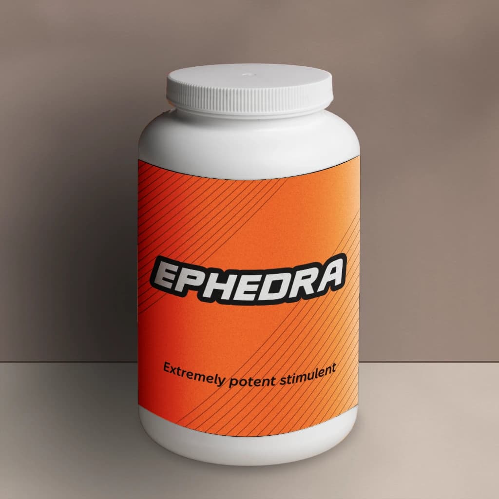 ephedra bottle on a drugstore shelf, labelled as an "extremely potent stimulent"