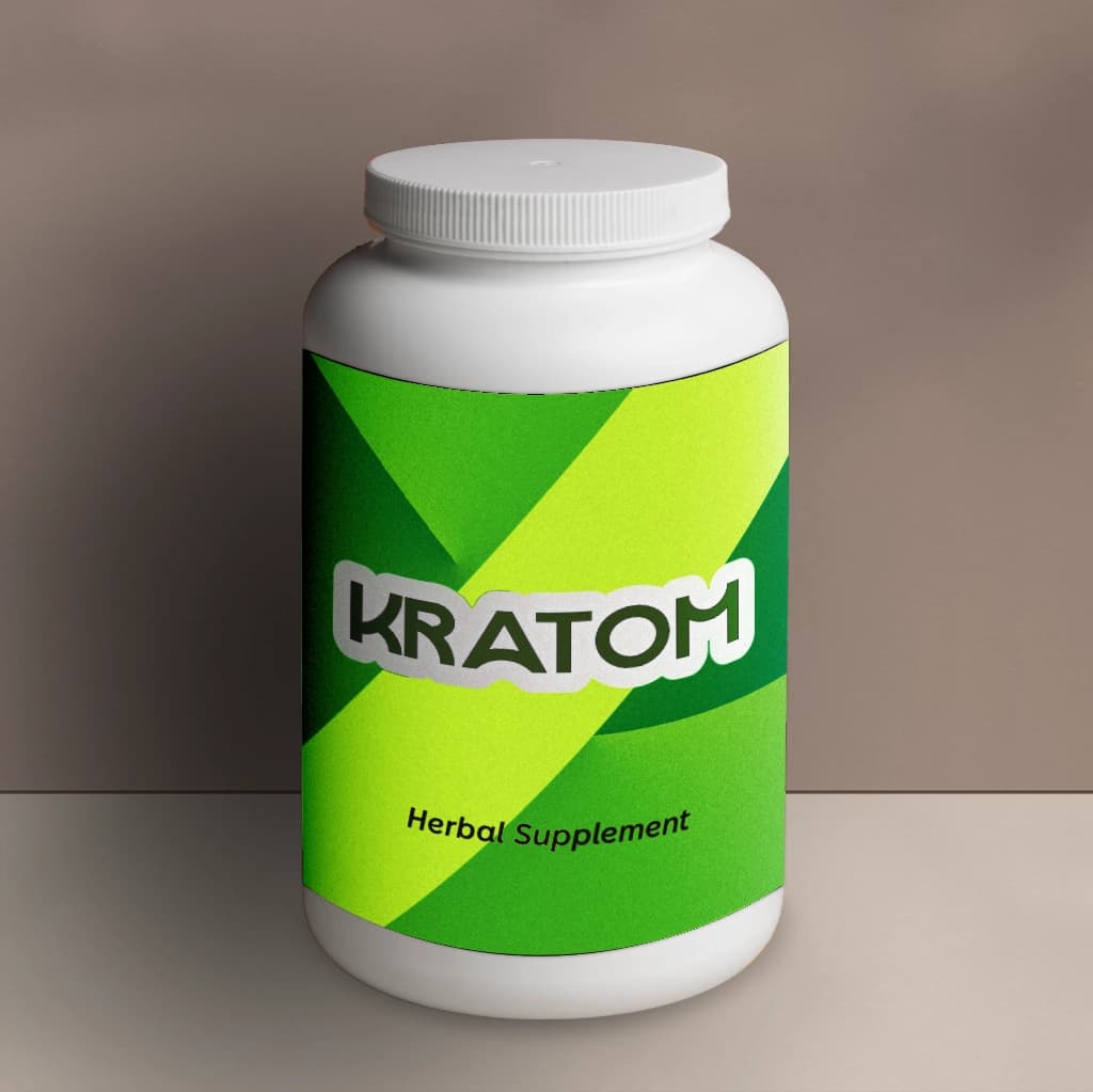 kratom bottle on a drugstore shelf, labelled as an "herbal supplement"