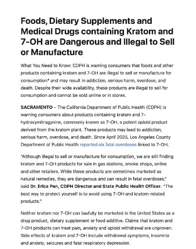 Photo of article from California Department of Public Health, Office of Communications, titled "Foods, Dietary Supplements and Medical Drugs containing Kratom and 7-OH are Dangerous and Illegal to Sell or Manufacture for Consumption"