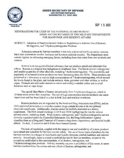 Photo of Memorandum from the Secretary of Defense, titled "Adoption of Punitive General Orders or Regulations to Address Use of Kratom, Mitragynine, and 7-Hydroxymitragynine Products"