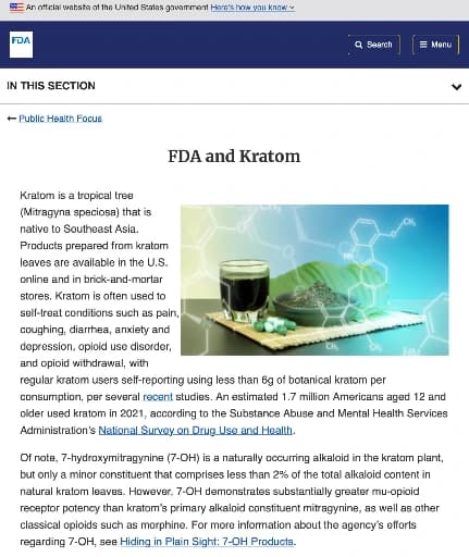 Photo of article from the Food and Drug Administration on kratom.