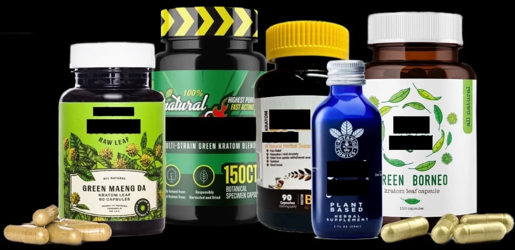 Jars of various kratom brands with logos redacted