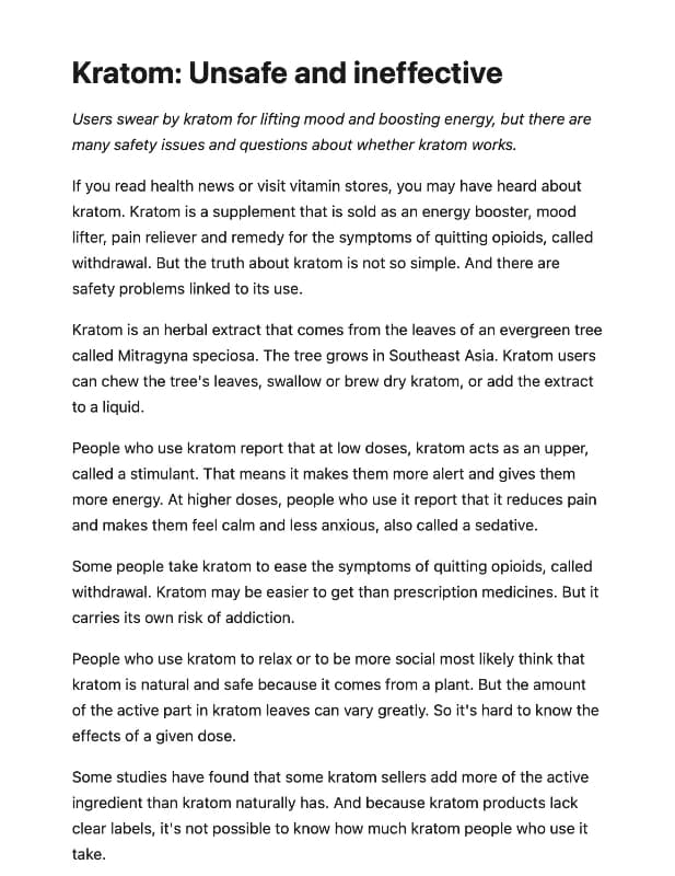Photo of article from Mayo Clinic, titled "Kratom: Unsafe and Ineffective"