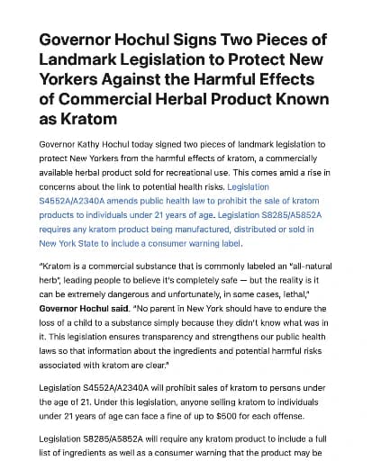 Photo of Governor Hochul Signs Two Pieces of Landmark Legislation to Protect New Yorkers Against the Harmful Effects of Commercial Herbal Product Known as Kratom