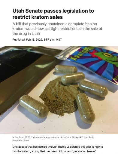 Photo of article titled "Utah Senate passes legislation to restrict kratom sales"