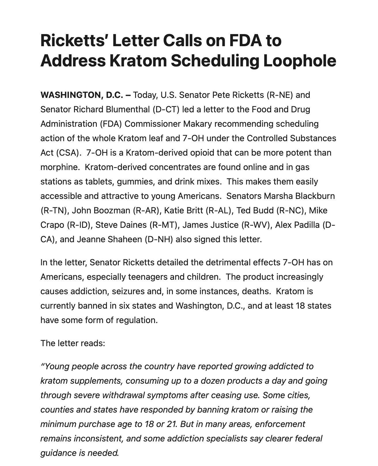 Screenshot of the press release from Senator Ricketts