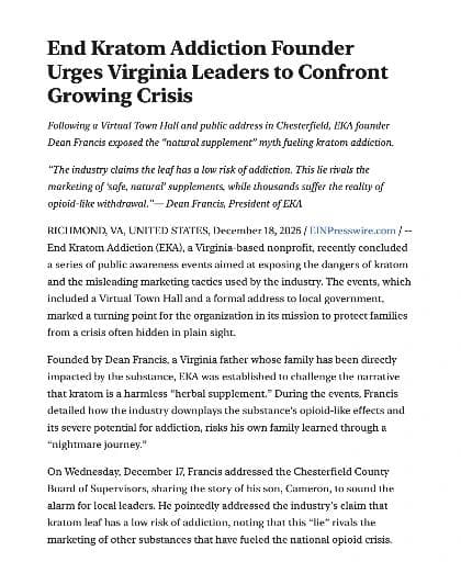 Photo of End Kratom Addiction press release from Associated Press