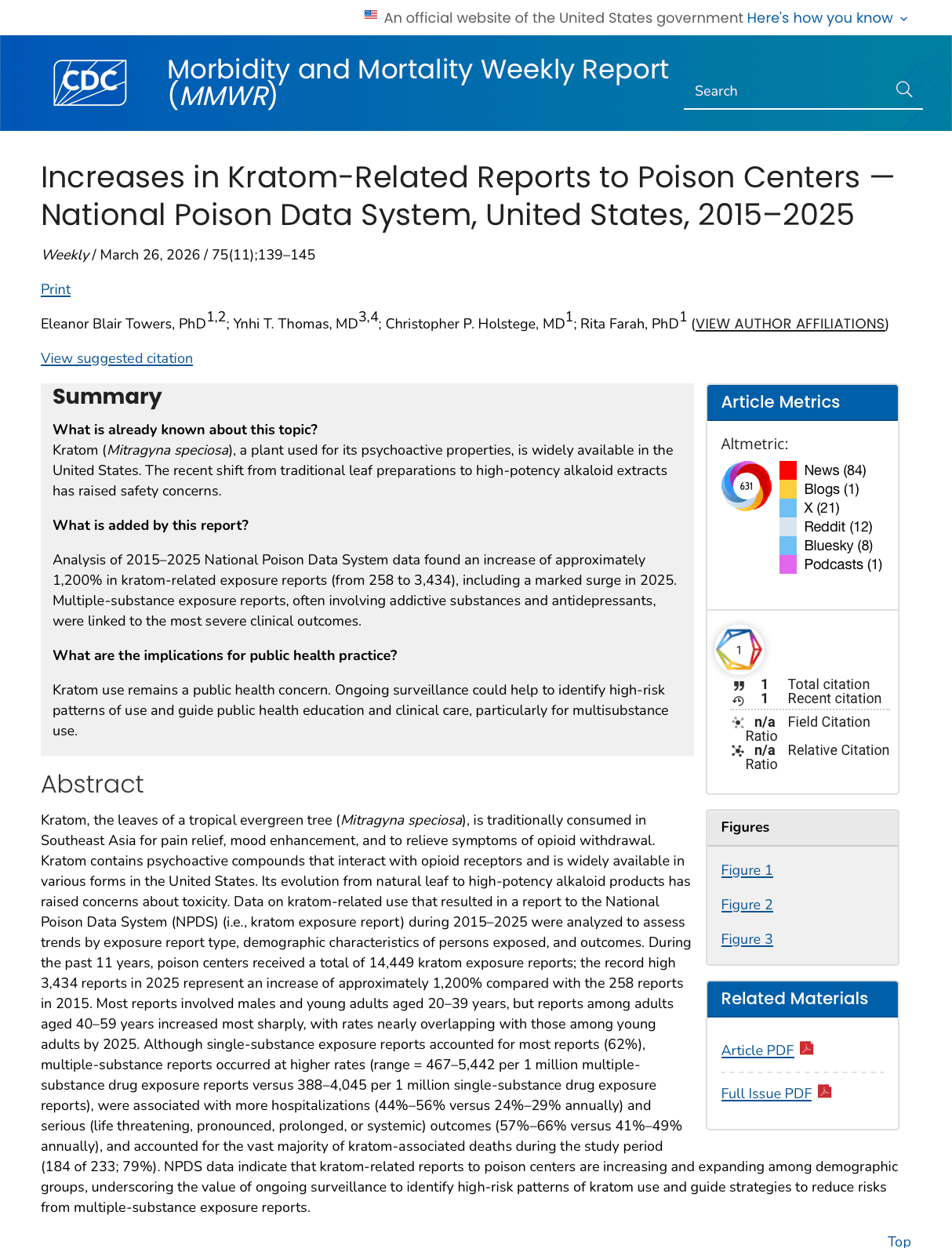Article from the CDC titled "Increases in Kratom-Related Reports to Poison Centers — National Poison Data System, United States, 2015-2025"