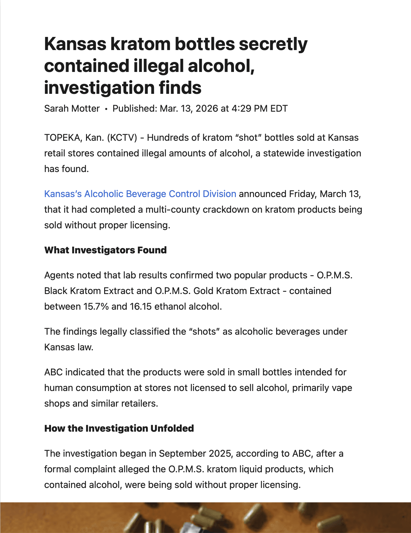 Article from KCTV5 titled, "Kansas kratom bottles secretly contained illegal alcohol, investigation finds"