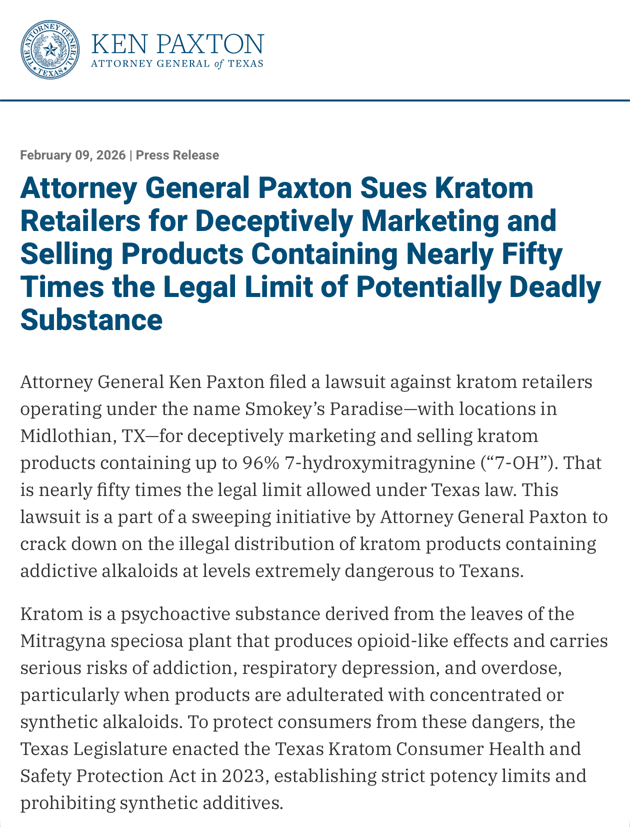 Article from Attorney General of Texas, Ken Paxton, titled "Attorney General Paxton Sues Kratom Retailers for Deceptively Marketing and Selling Products Containing Nearly Fifty Times the Legal Limit of Potentially Deadly Substance"
