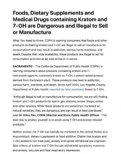 Photo of article from California Department of Public Health, Office of Communications, titled "Foods, Dietary Supplements and Medical Drugs containing Kratom and 7-OH are Dangerous and Illegal to Sell or Manufacture for Consumption"