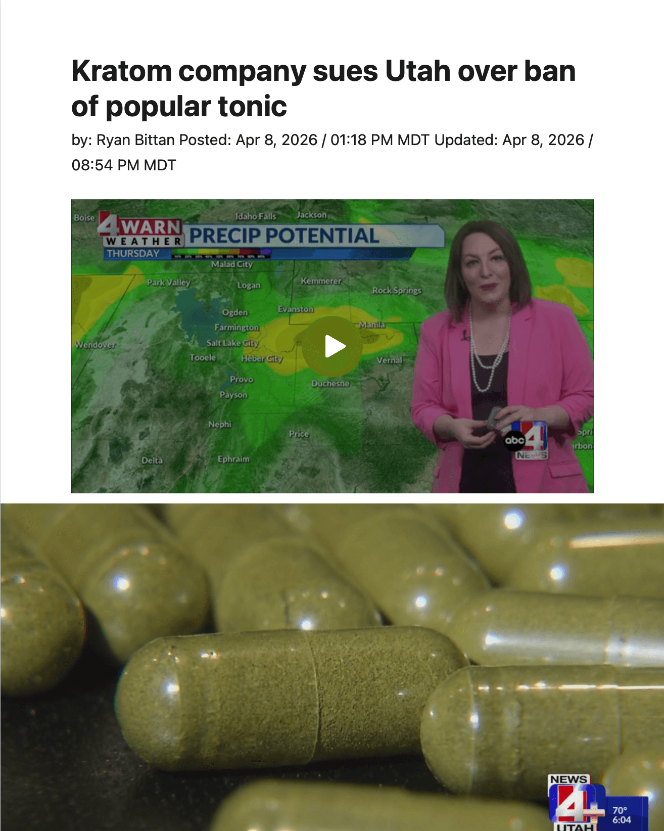 Article from ABC News4Utah+ titled, "Kratom company sues Utah over ban of popular tonic."