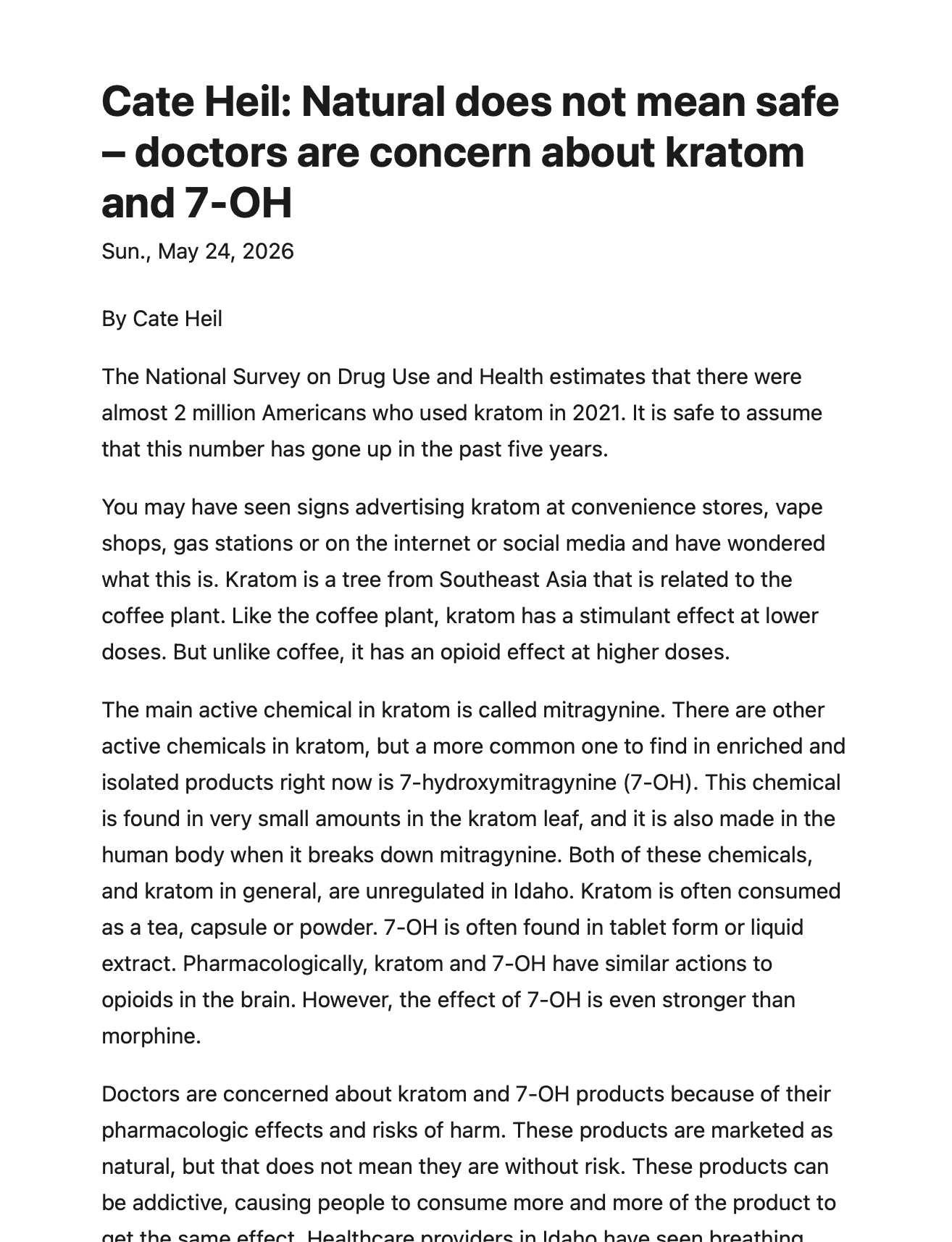 Article from The Spokeman-Review titled, "Cate Heil: Natural does not mean safe – doctors are concern about kratom and 7-OH"