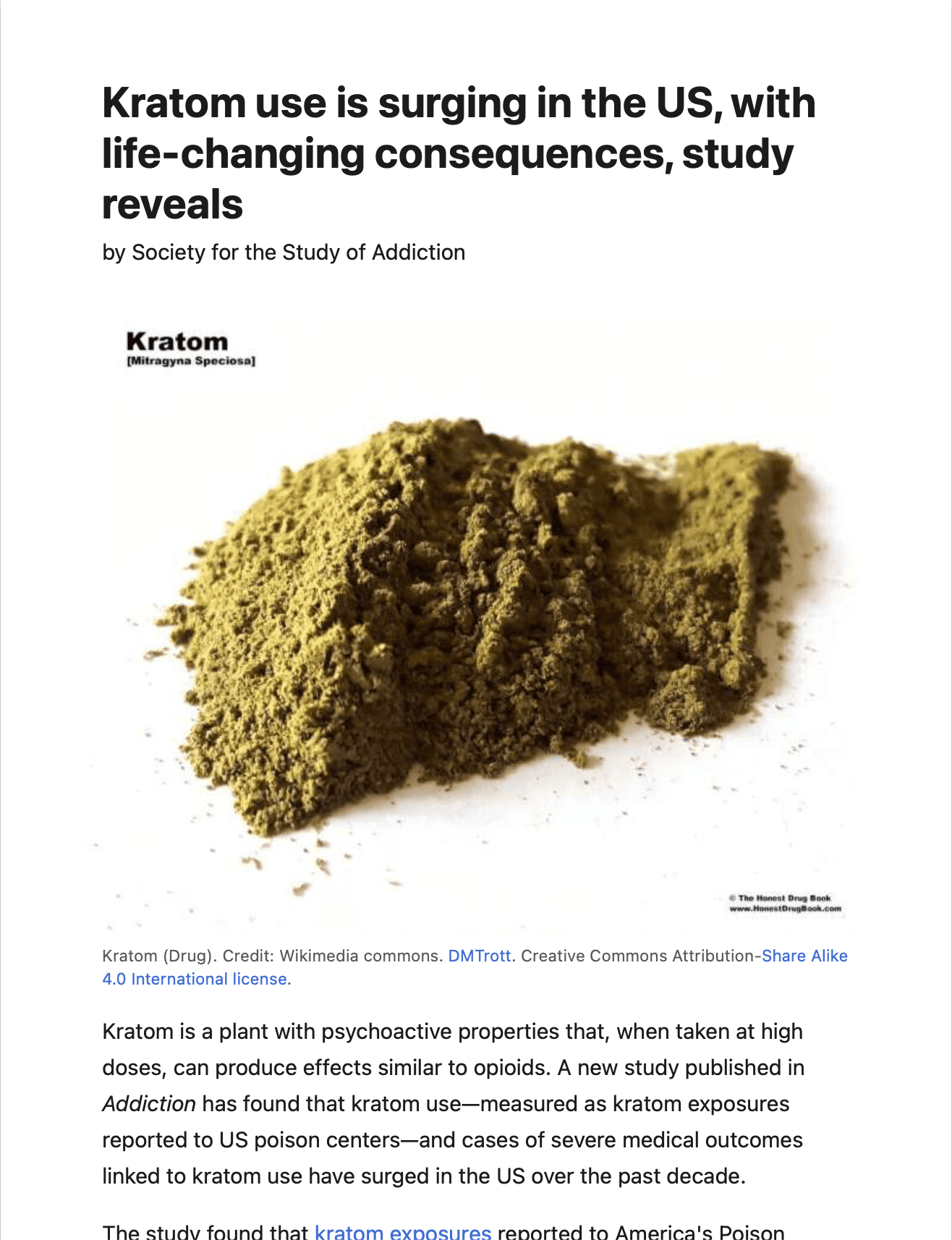 Article by Society of the Study of Addiction titled, "Kratom use is surging in the US, with life-changing consequences, study reveals"