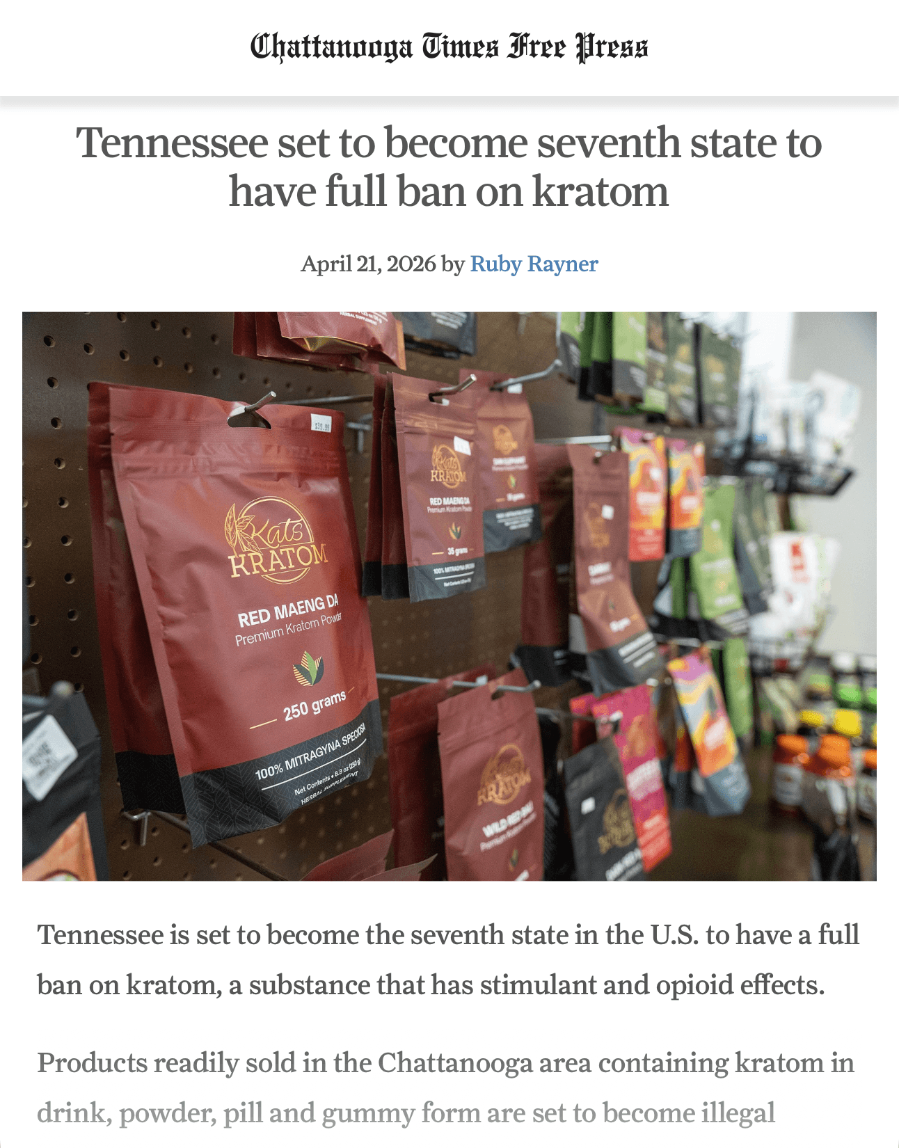 Article from Chattanooga Times Free Press, titled "Tennessee set to become seventh state to have full ban on kratom"
