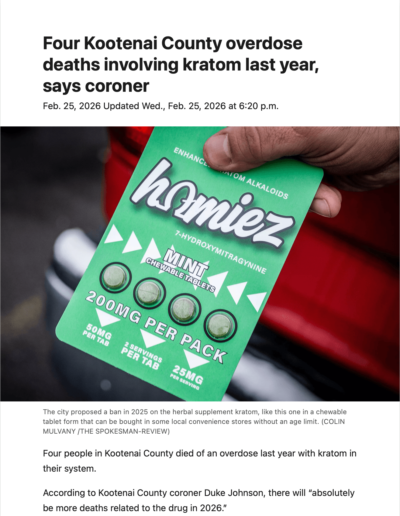 Article from The Spokesman-Review titled, "Four Kootenai County overdose deaths involving kratom last year, says coroner"