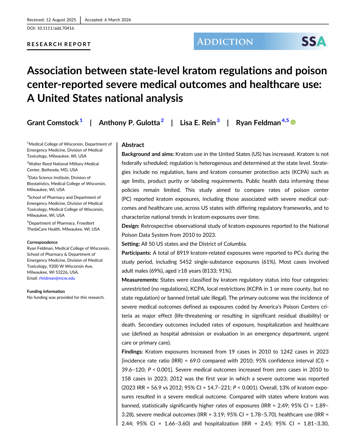 Study titled "Addiction between state-level kratom regulations and poison center-reported severe medical outcomes and healthcare use: A United States national analysis"
